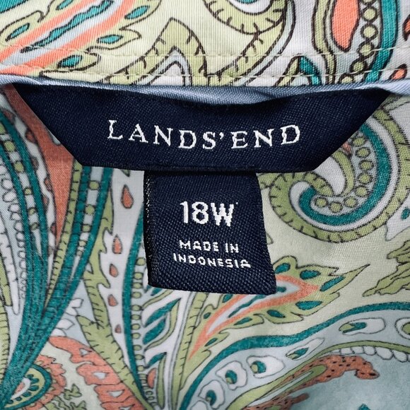 Lands End Womens Top 18W Green Yellow Paisley Button Front 3/4 Sleeve Stretch - Picture 5 of 10